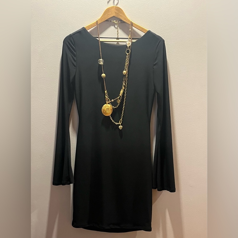 Women’s MISTYROSE Miami Open Back Chic  Black Mini Dress With Gold Accents